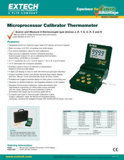 EXTECH 433201 Microprocessor Calibrator Thermometer Datasheet - cover page