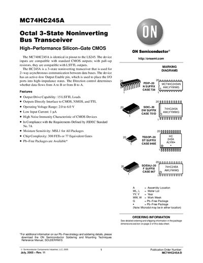 ON Semiconductor MC74HC245A Octal 3‑State Noninverting Bus Transceiver Datasheet - cover page