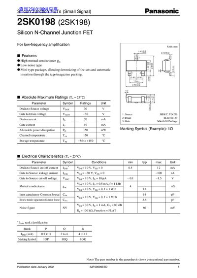 panasonic 2SK0198 (2SK198) Silicon N-Channel Junction FET Manual - cover page