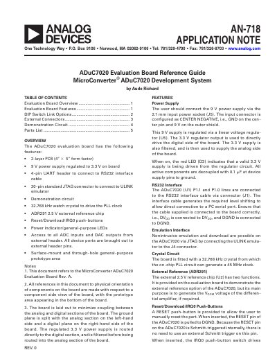 Analog Devices ADuC7020 Evaluation Board Application Note AN-718 - cover page