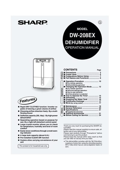 Sharp DW-208EX Dehumidifier Operation Manual - cover page