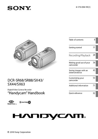 Sony DCR-SR68 DCR-SR88 SX43 SX44 SX63 User Manual