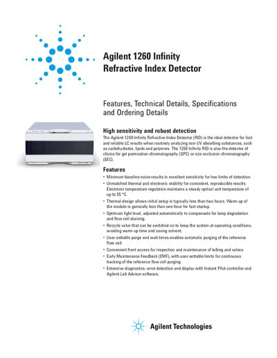 Agilent 1260 Infinity Refractive Index Detector Features and Specifications - cover page