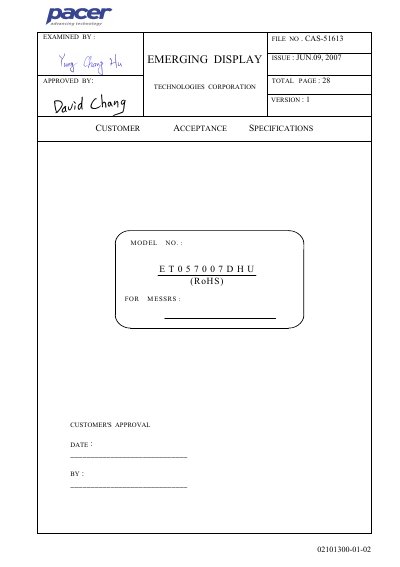 Emerging Display ET057007DHU Customer Acceptance Specification - cover page
