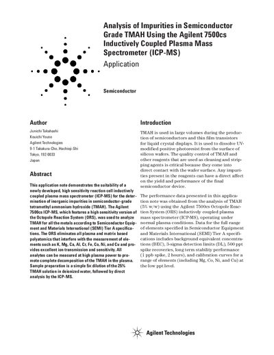 Agilent 7500cs ICP-MS Analysis of Impurities in Semiconductor Grade TMAH - cover page