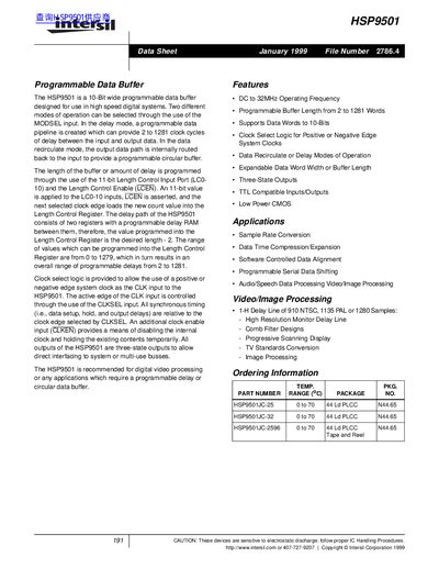 Intersil HSP9501 Programmable Data Buffer Datasheet - cover page