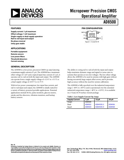 Analog Devices AD8500 Operational Amplifier Datasheet Rev B - cover page