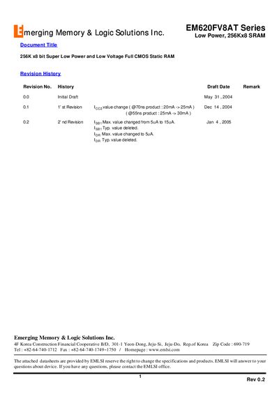 Emerging Memory & Logic Solutions EM620FV8AT Series SRAM Datasheet - cover page