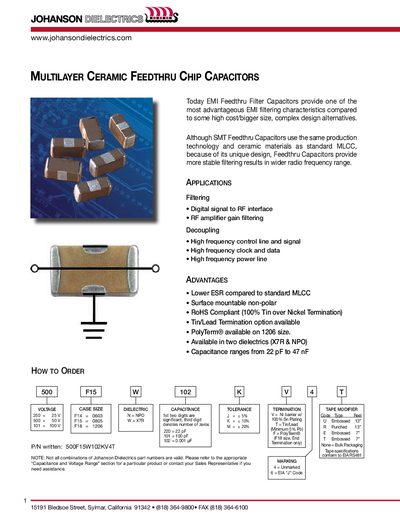 Johanson Feedthru Chip Capacitors Product Manual - cover page