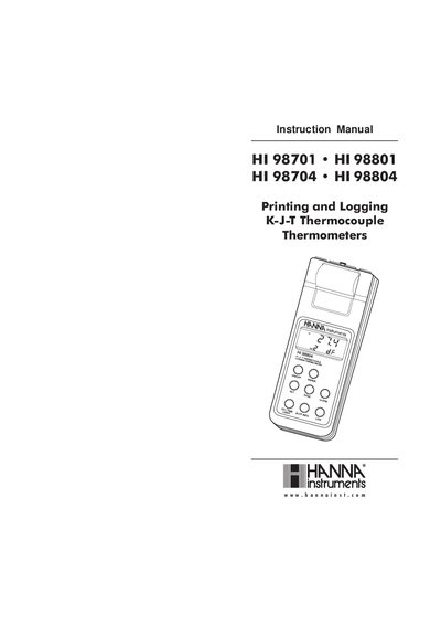 Hanna Instruments HI 98701/98801/98704/98804 Printing Logging Thermometer Instruction Manual - cover page