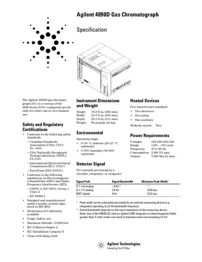 Agilent 4890D Gas Chromatograph Specification Sheet - cover page