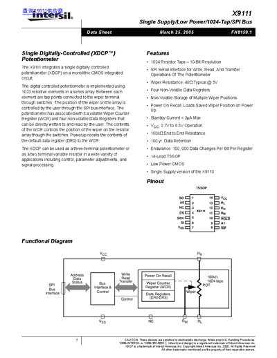 Intersil X9111 Single Digitally-Controlled Potentiometer Datasheet - cover page