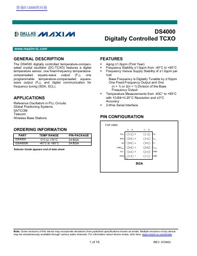 Maxim DS4000 Digitally Controlled TCXO Datasheet - cover page