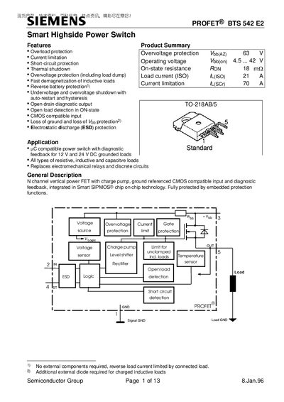 Siemens BTS 542 E2 Smart Highside Power Switch Datasheet