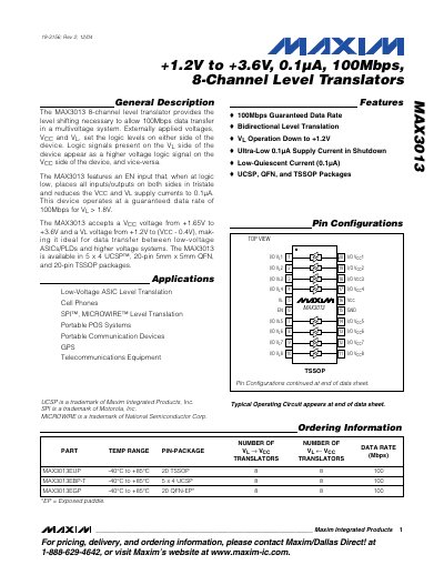 Maxim MAX3013 8-Channel Level Translator Datasheet - cover page