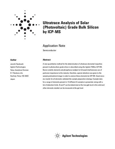 Agilent 7500cs ICP-MS Application Note for Solar Grade Silicon Analysis - cover page