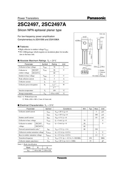 Panasonic 2SC2497/2SC2497A Power Transistor Datasheet - cover page