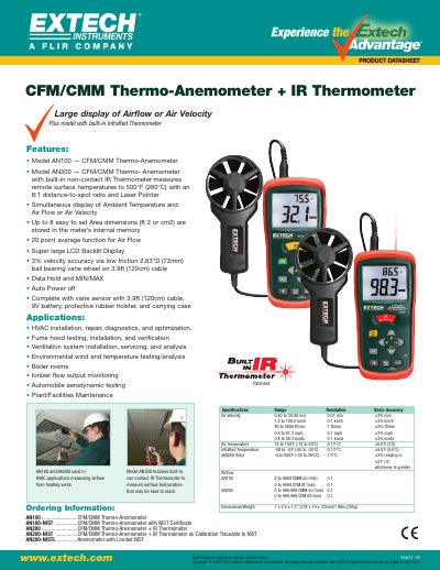 EXTECH AN100/AN200 CFM/CMM Thermo-Anemometer Datasheet - cover page