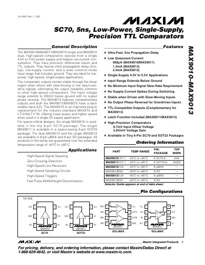 Maxim MAX9010/MAX9011/MAX9012/MAX9013 High-Speed Comparator Datasheet - cover page