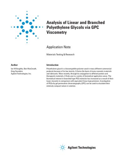 Agilent Analysis of Linear and Branched Polyethylene Glycols via GPC Viscometry Application Note - cover page