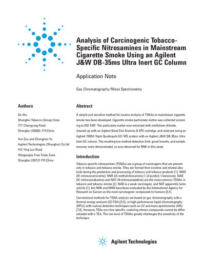 Agilent J&W DB-35ms Ultra Inert GC Column Application Note for TSNA Analysis - cover page