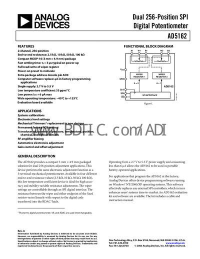 Analog Devices AD5162 Digital Potentiometer Datasheet - cover page