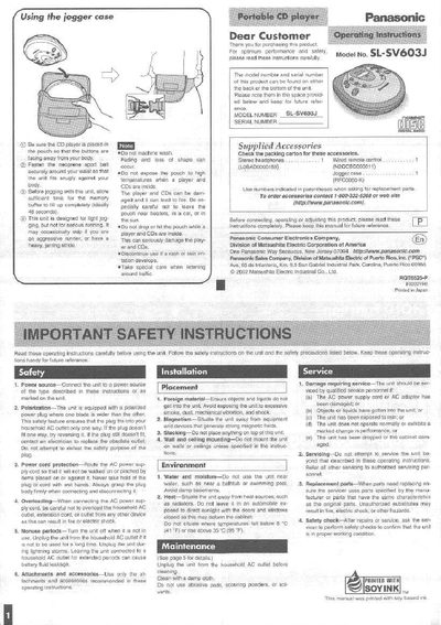 Panasonic SL-SV603J CD Player User Manual - cover page