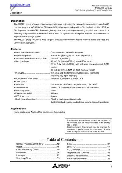 Mitsubishi M30201 Group Single-Chip 16-Bit CMOS Microcomputer Datasheet - cover page