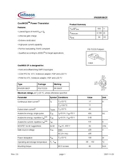 Infineon IPA50R199CP CoolMOS Power Transistor Datasheet - cover page