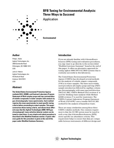 Agilent 6890/5973 GC/MSD BFB Tuning Application Note - cover page