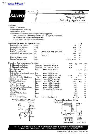 Sanyo 2SJ258 P-Channel MOSFET Datasheet - cover page