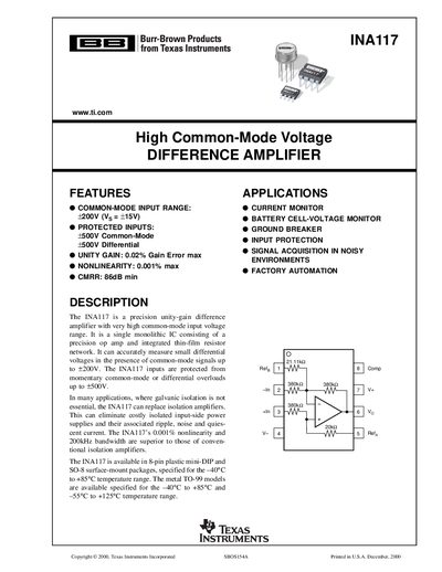 Texas Instruments INA117 High Common-Mode Voltage Difference Amplifier Datasheet - cover page
