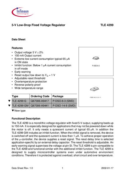 Infineon TLE4299 5-V Low-Drop Fixed Voltage Regulator Data Sheet - cover page
