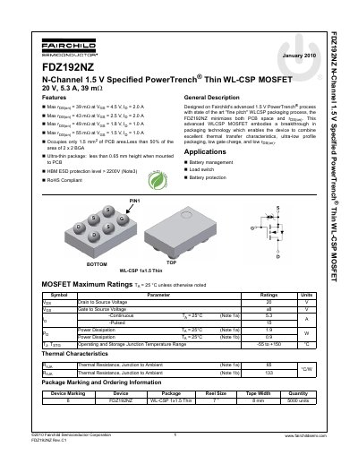 Fairchild FDZ192NZ N-Channel MOSFET Datasheet - cover page