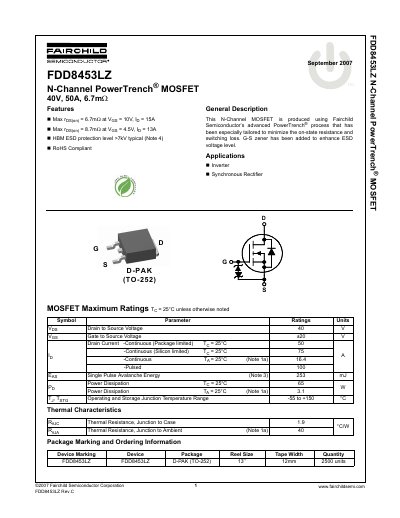 Fairchild Semiconductor FDD8453LZ N-Channel MOSFET Datasheet - cover page