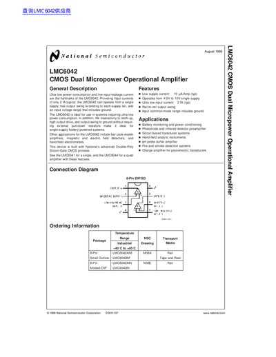 National Semiconductor LMC6042 CMOS Dual Micropower Operational Amplifier Datasheet - cover page