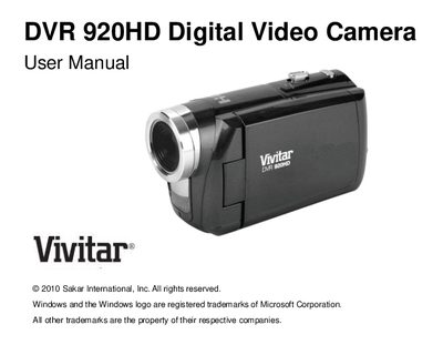Vivitar DVR 920HD Digital Video Camera User Manual - cover page