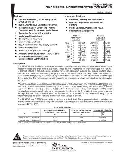 Texas Instruments TPS2048/TPS2058 Quad Current-Limited Power-Distribution Switches Datasheet - cover page