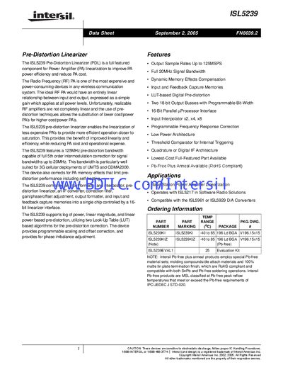 Intersil ISL5239 Pre-Distortion Linearizer Data Sheet - cover page
