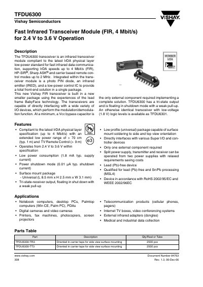 Vishay TFDU6300 Fast Infrared Transceiver Module Datasheet - cover page