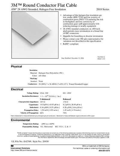 3M 2010 Series Round Conductor Flat Cable Datasheet - cover page