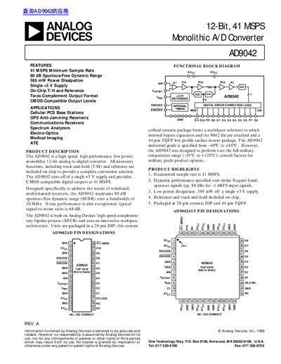 ANALOG DEVICES 12-Bit 41 MSPS Monolithic A/D Converter AD9042 handbook - cover page