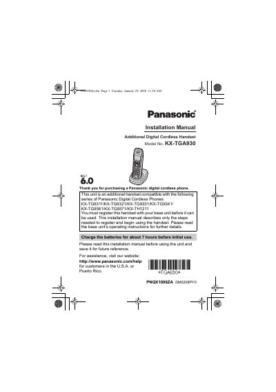 Panasonic KX-TGA930 Additional Digital Cordless Handset Installation Manual - cover page