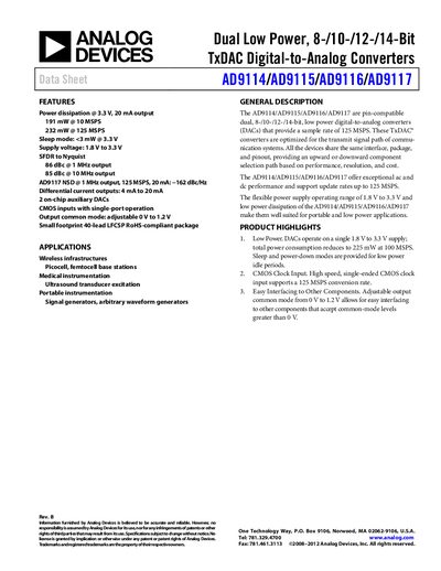 Analog Devices AD9114 Dual Low‑Power DAC Datasheet - cover page