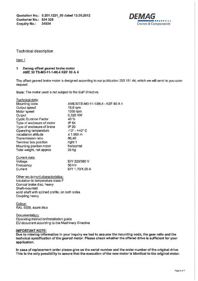 Demag Cranes Quotat ion No.: 5.201.1221_00 dated 13.06.2012 Customer No.: 834328 Enqui ry No.: 34034 handbook - cover page