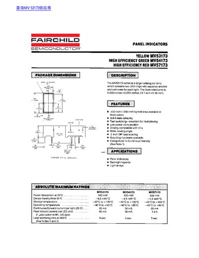 Fairchild Semiconductor MV53173 Panel Indicator Datasheet - cover page