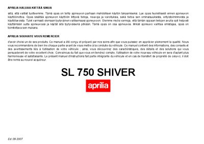 Aprilia SL 750 Shiver Owner's Manual - cover page