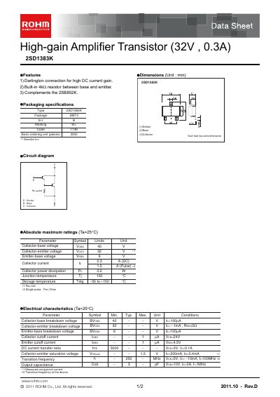 ROHM 2SD1383K High-gain Amplifier Transistor Datasheet - cover page