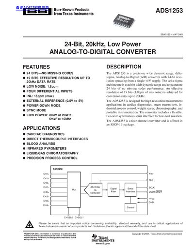 Texas Instruments ADS1253 24-Bit Analog-to-Digital Converter Datasheet - cover page