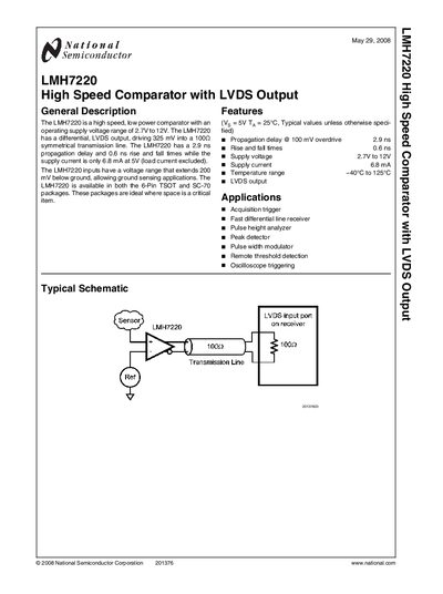 National LMH7220 High‑Speed Comparator with LVDS Output Datasheet - cover page